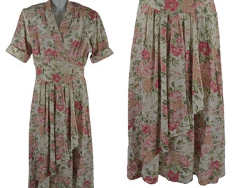 1980s Pink and White Floral Bouquet Print Rayon Dress by Dawn Joy Fashions
