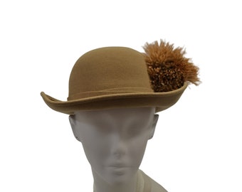 1970s Camel Colored Felted Wool Fedora by Mr. John Classic, Size 6 7/8, Feather Pom-pom