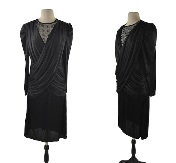 1980s Black Cocktail Dress with Silver Sequin Bib… - image 1