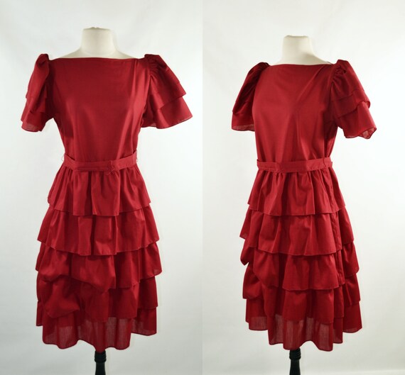 1980s Wine Red Puffed Sleeve Tiered Dress, Size Me