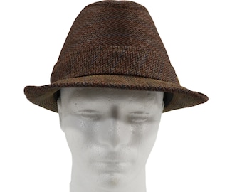 Vintage Herringbone Fedora, Braun mit bunten Akzenten, Größe 7 1/4