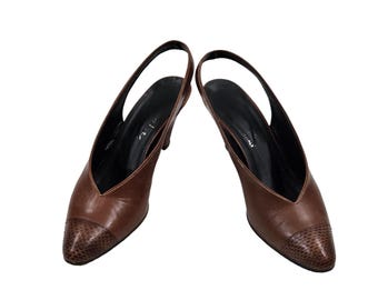 1980s/1990s Brown Leather Peep-Toe Slingbacks Pumps, Size 7N