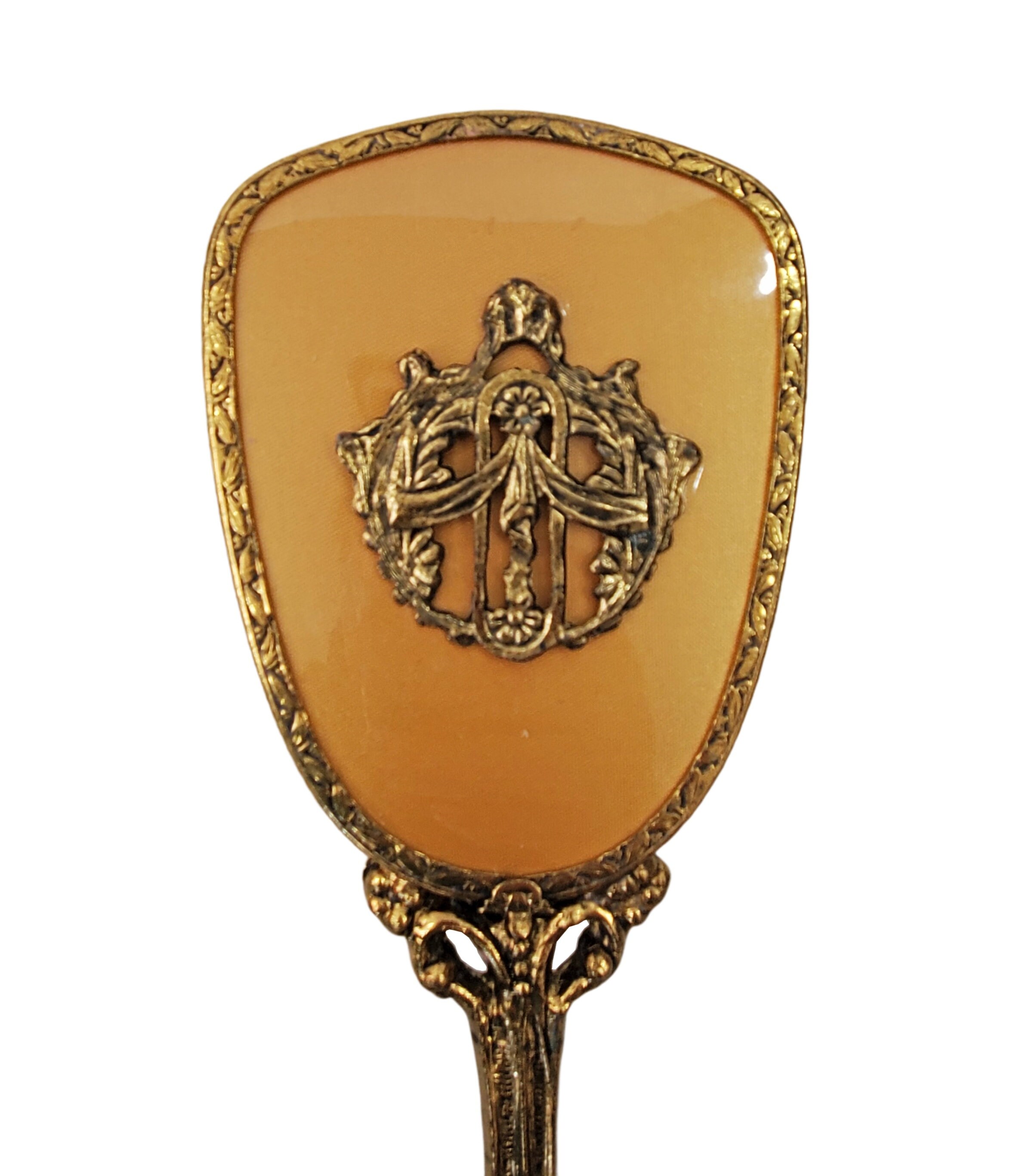 1950s Gold ormolu style cream moire taffeta vanity hair brush and hand mirror Vintage 1950 main image 4