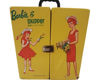 1964 Yellow Mattel Barbie and Skipper Carrying Case, Doll Wardrobe Carrier, Doll Storage