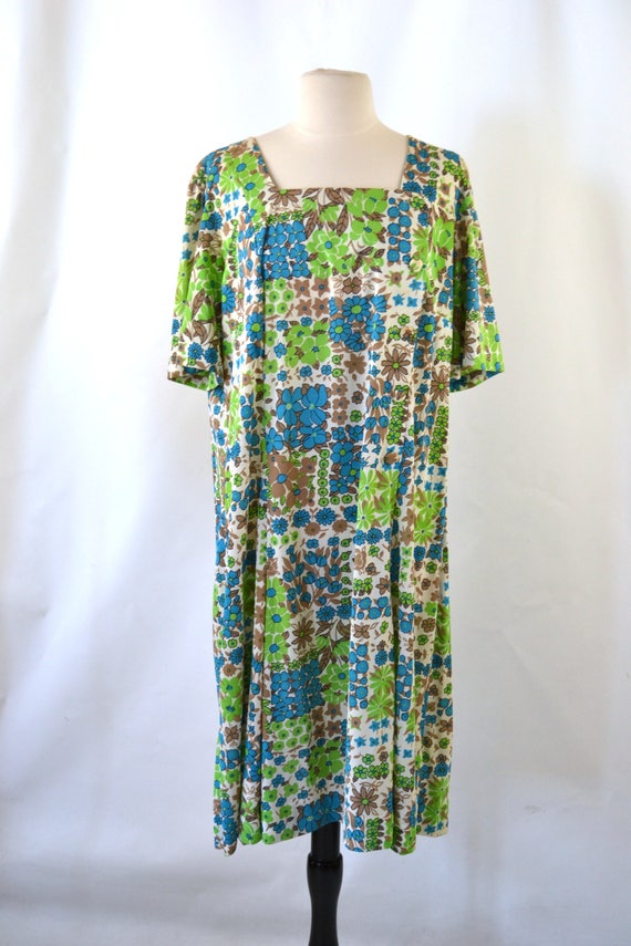 1960s Blue, Green and Tan Floral Print Dress by C… - image 2