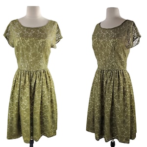 1950s Green Lace Overlay Party Dress, Lace Overlay and Acetate Lining