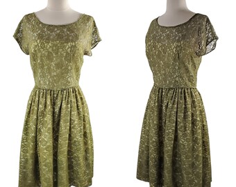 1950s Green Lace Overlay Party Dress, Lace Overlay and Acetate Lining