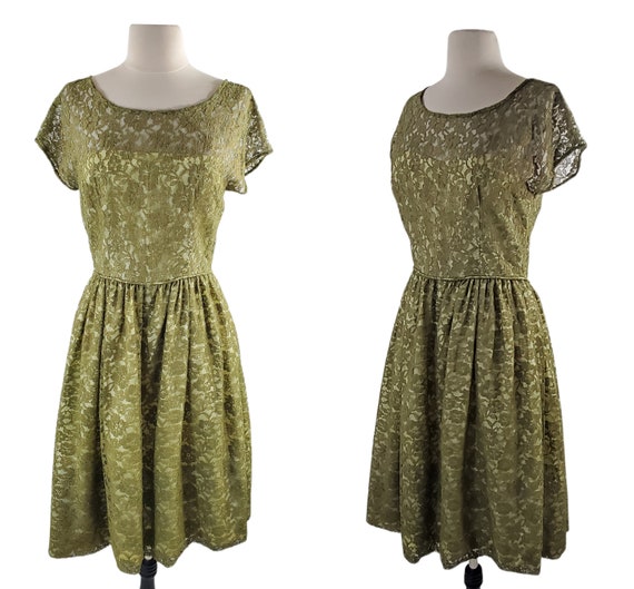 1950s Green Lace Overlay Party Dress, Lace Overla… - image 1