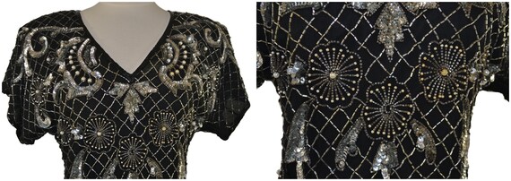 1980s Black and Silver Silk Bead and Sequin Dress… - image 7