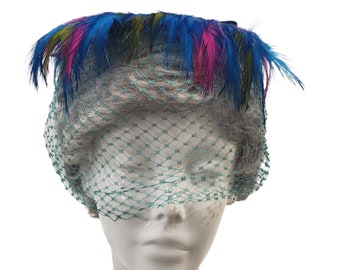 1950s/1960s Teal Blue, Pink and Green Feathered Fascinator Birdcage Hat, Wedding Headpiece