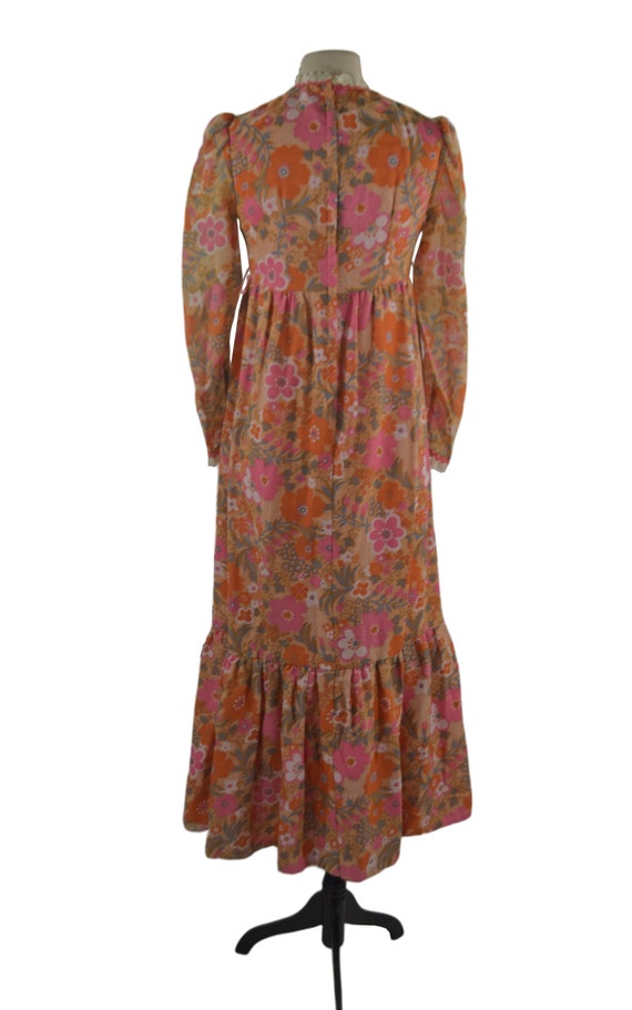 1970s Orange and Pink Stylized Floral Maxi Dress,… - image 5