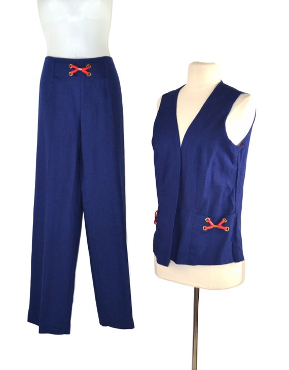 1970s Blue Chambray 2 Piece Vest and Pant Set, Di… - image 1