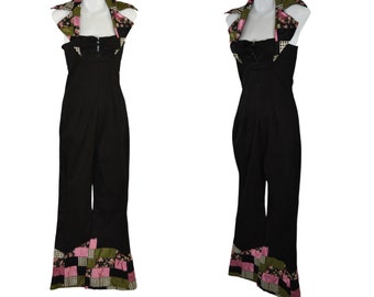 Vintage Schwarzer Neckholder Top Jumpsuit mit Gesteppten Bündchen