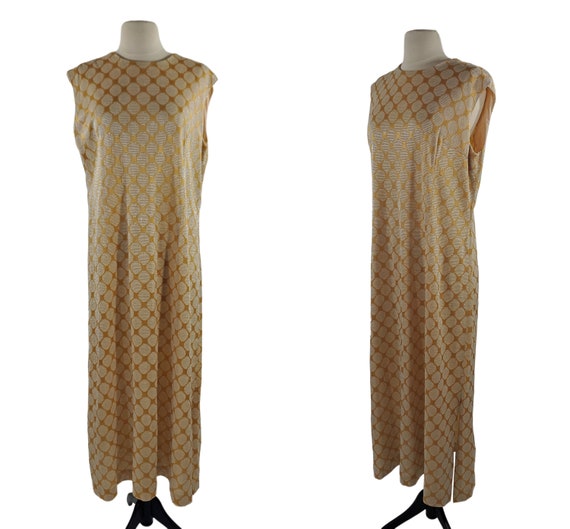 1960s/1970s Gold Metallic Polka Dot Shift Dress b… - image 1