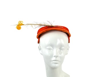 Vintage 1950s Orange Velvet Fascinator Calot Feathered Hat by Lemington