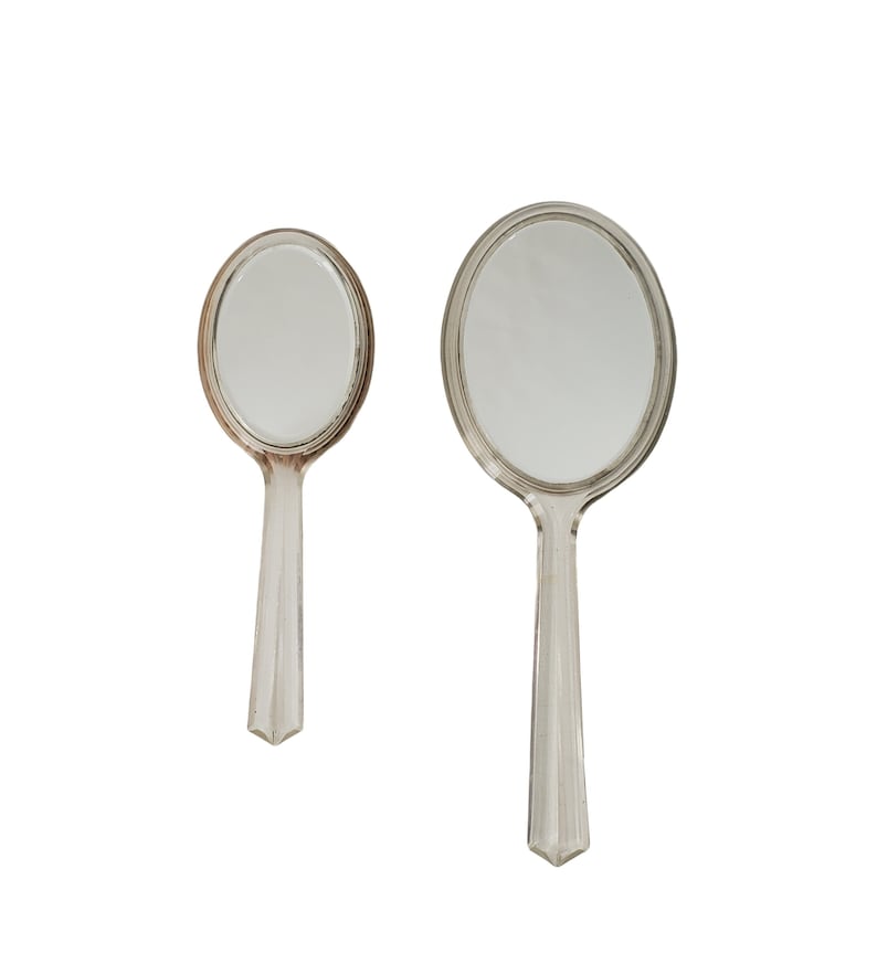 1960s Lucite Double Hand Mirror and Hair Brush Flare Plastic Hand