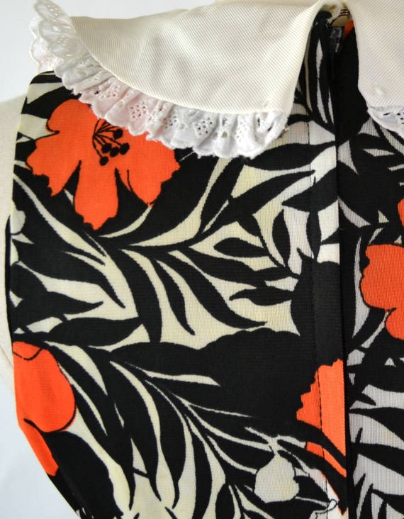 1970s Black, White and Orange Floral Print Sleeve… - image 7