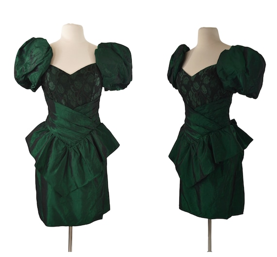 1980s Green Metallic Peplum Waist Dress