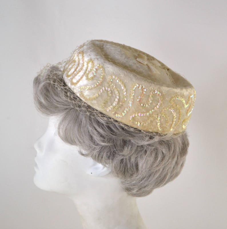 1980s Ivory Velour and Iridescent Sequin Pillbox Hat, Church, Wedding image 5