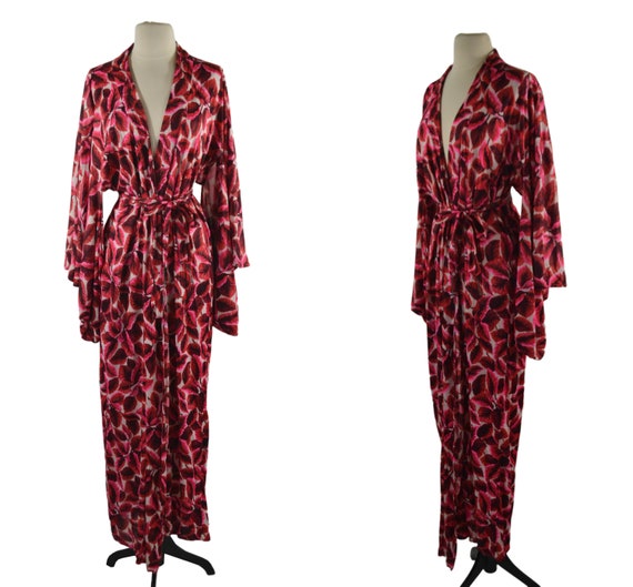 1960s Red and Pink Leaf Kimono Style Robe by The … - image 1