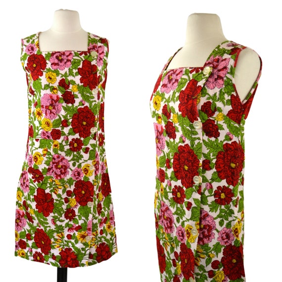 1960s Bold Red, Pink, Yellow and Green Floral Sle… - image 1