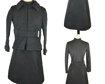 1960s Charcoal Gray 3 Piece Skirt Suit Hannah Troy, Murray Nieman. Blouse, Jacket, Skirt