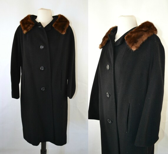 1950s Black Wool Winter Coat with Real Mink Fur Collar by | Etsy