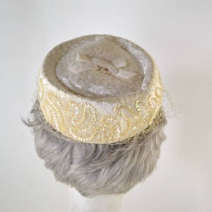 1980s Ivory Velour and Iridescent Sequin Pillbox Hat, Church, Wedding image 4