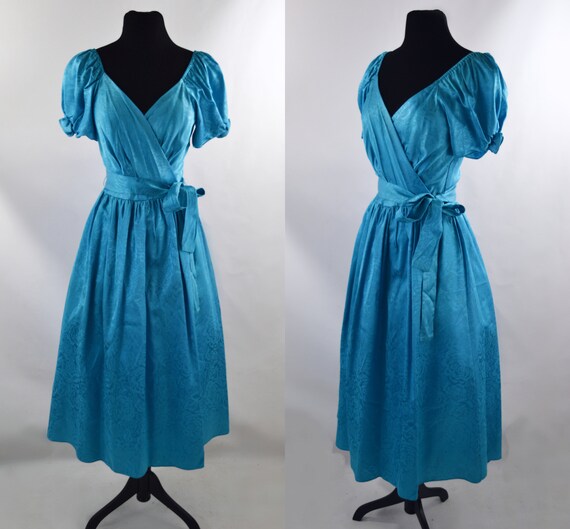 1980s Blue Floral Damask Off the Shoulder Formal D