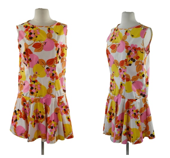 1960s MOD Fruit Print Drop Waist Sleeveless Romper
