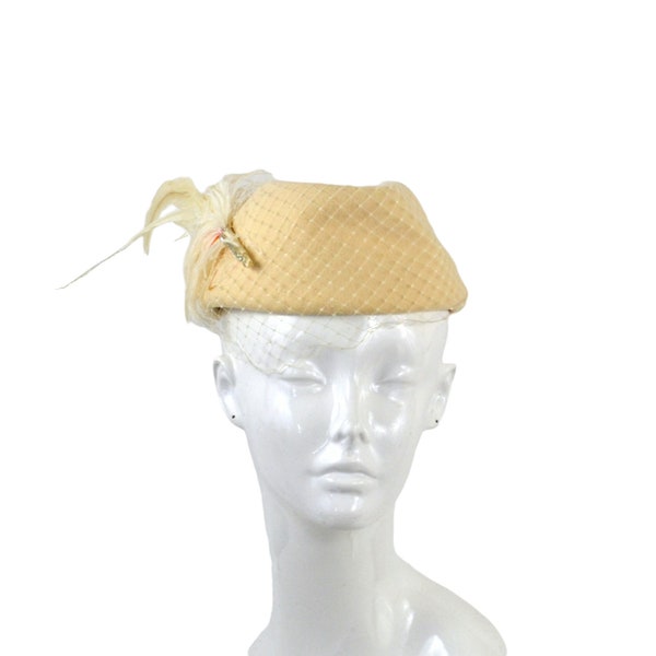 1960s Ivory Feathered Veiled Felted Wool Pillbox Hat by Mr Monroe, Wedding, Bridal