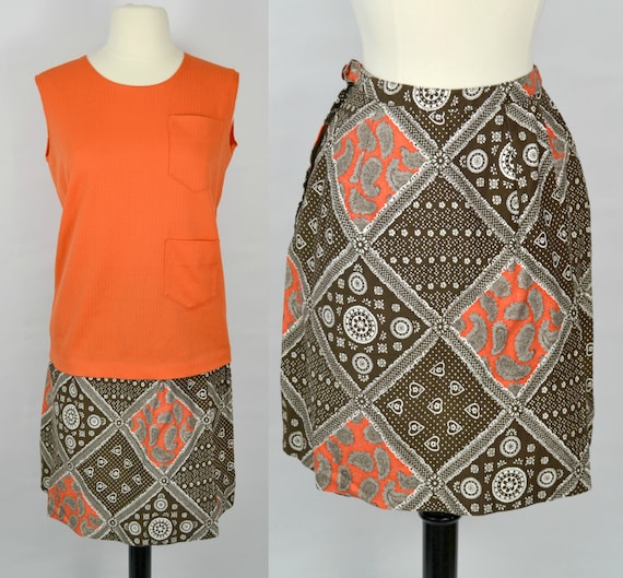 1970s Orange and Brown Two Piece Outfit Shirt and