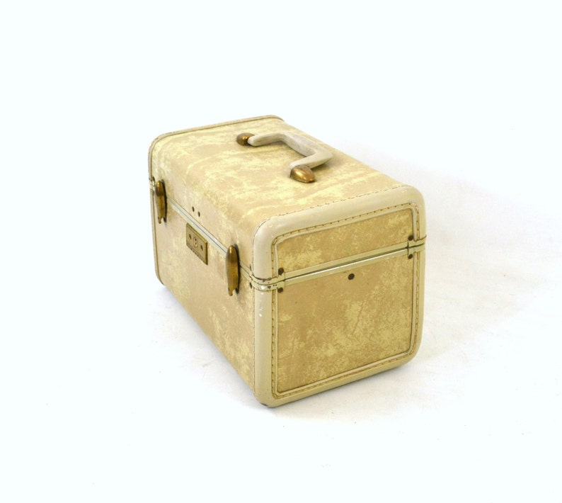 Vintage 1950s Samsonite Tan Marbled Train Case, Make Up Case, Lingerie, Travel, Storage image 2