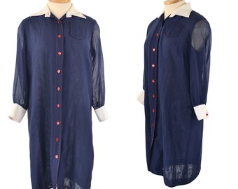 1960s Navy Blue Shift/Sack Dress with White Collar and Cuffs, House Dress