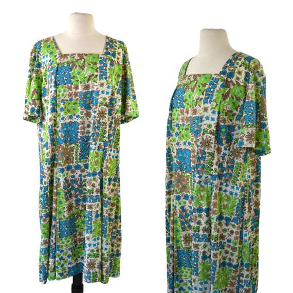 1960s Blue, Green and Tan Floral Print Dress by C… - image 1