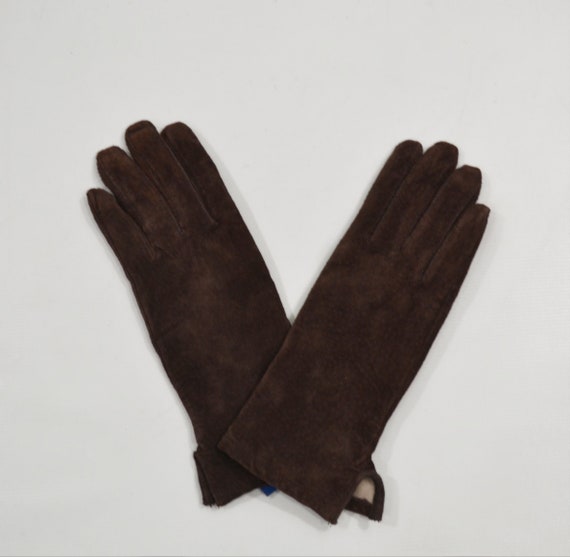 Vintage NOS Brown Genuine Leather Winter Gloves b… - image 3