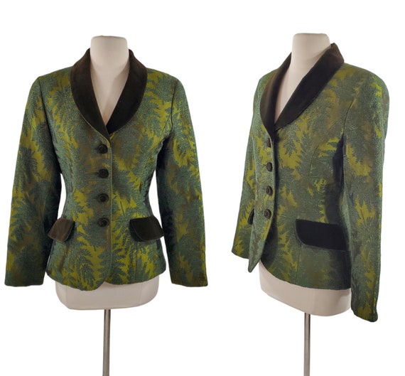 Vintage Green Leaf Brocade Fitted Blazer by Party… - image 1