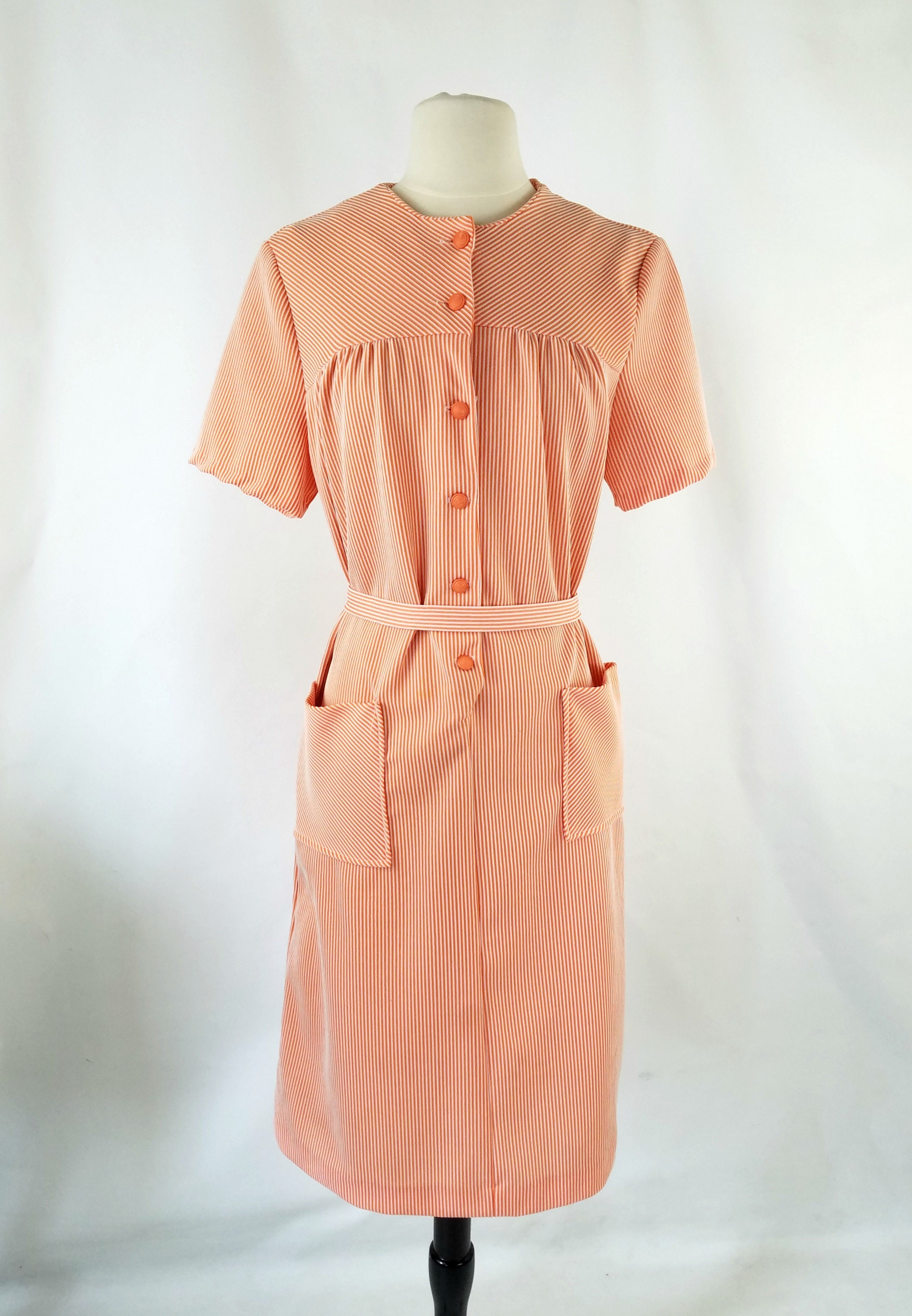 orange and white seersucker dress 1970s Orange Cream and White Seersucker House Shift/sack Dress