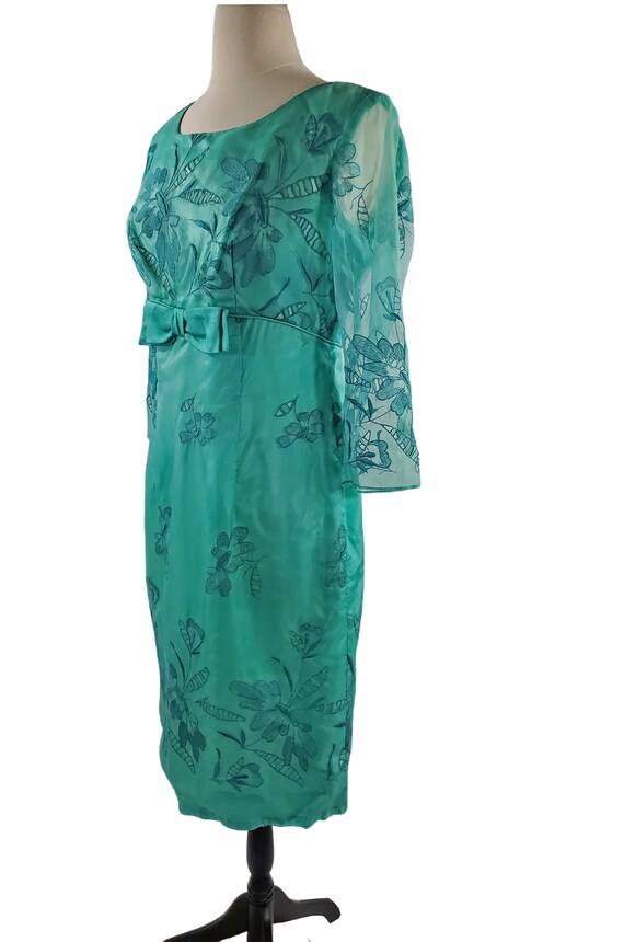 1960s Teal Cut-out Overlay Floral Cocktail Dress - image 3