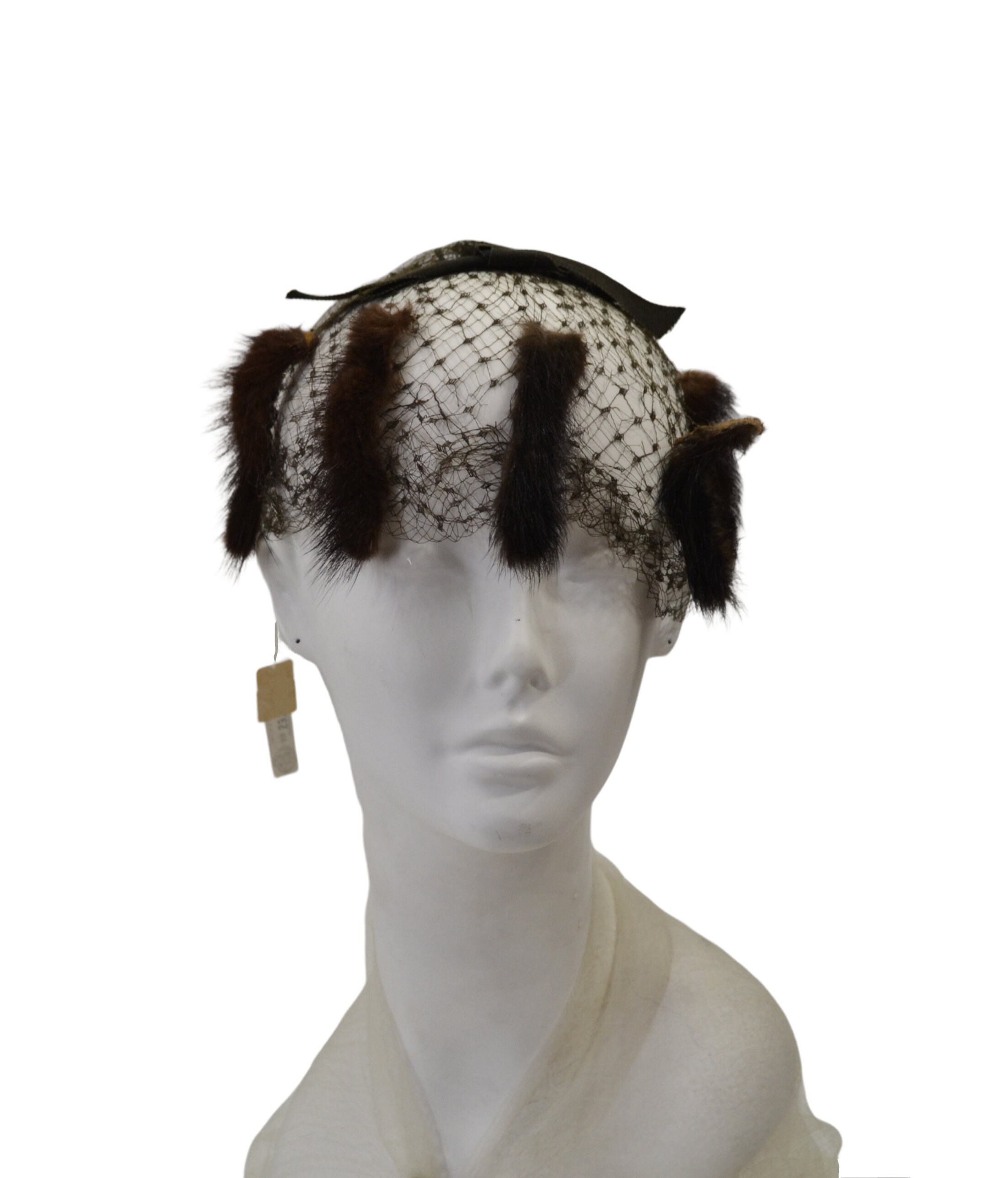 1950s Vintage Mink Fur Birdcage Veil Hat, Brown Fascinator  display picture 1