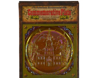 Assiette commémorative du bicentenaire américain en verre doré carnaval, salle de l'indépendance