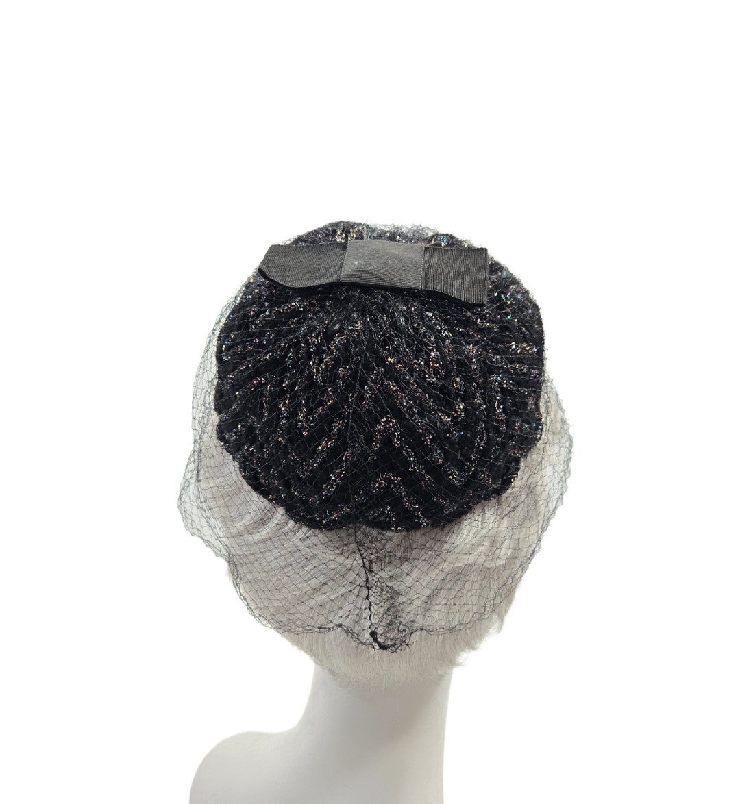 1950s/1960s Black and Metallic Chevron Strips Fascinator Hat  display picture 3