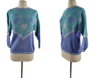 Década de 1980 niñas azul, blanco y púrpura corazón y copo de nieve suéter de Heartworks