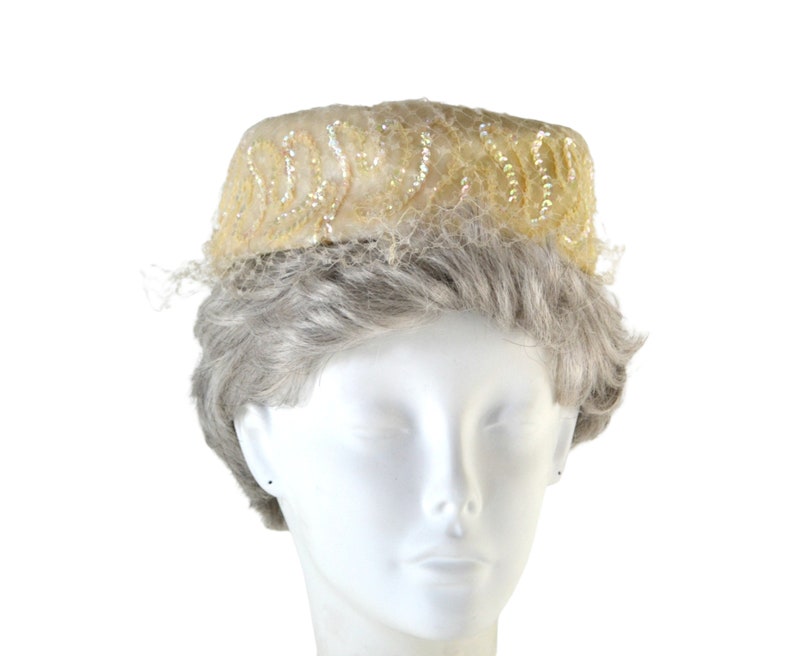 1980s Ivory Velour and Iridescent Sequin Pillbox Hat, Church, Wedding image 1