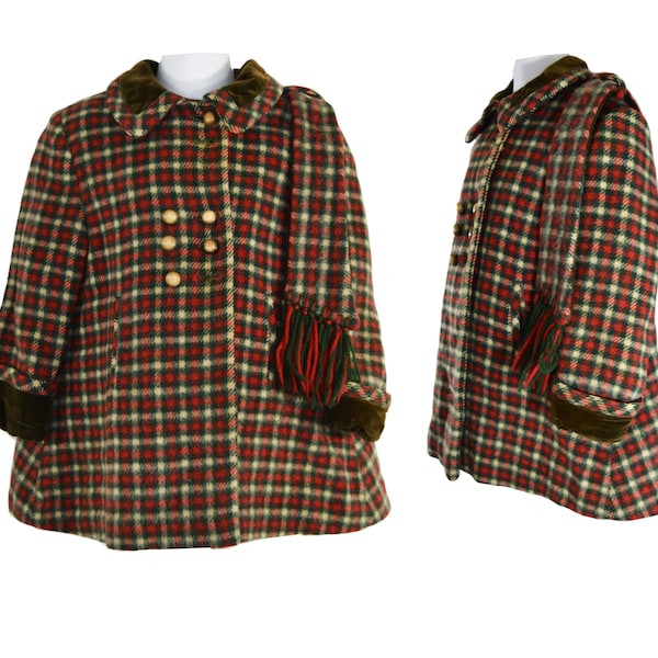 Manteau et écharpe en laine à carreaux rouge, vert et blanc coupe princesse pour fille des années 50/60, taille 3T/4T