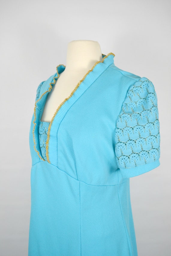 1970s Sky Blue with Gold Trim Maxi Dress, Party, … - image 3