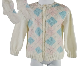 1970s/1980s Toddler White with Pink and Blue Diamonds Cardigan Sweater and Matching Socks