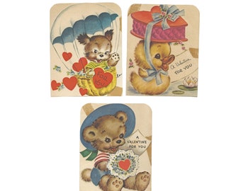 Vintage Valentine Greetings Cards by Rust Craft, 3 Card Set, Duck, Puppy, Bear