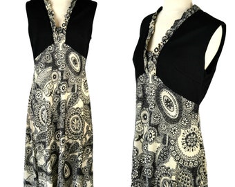 1970s Black and White Paisley Sleeveless Maxi Dress, Floor Length