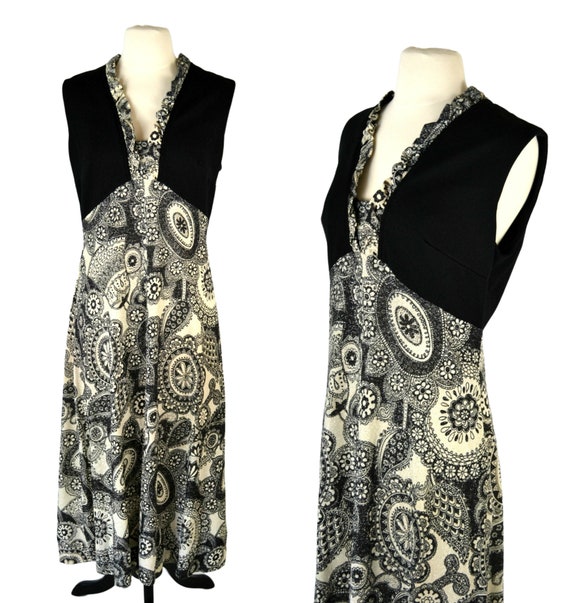 1970s Black and White Paisley Sleeveless Maxi Dre… - image 1